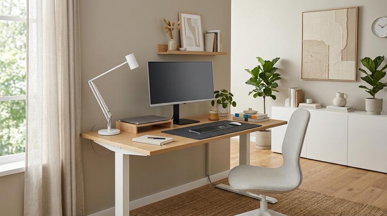 Modernes Homeoffice mit ruhigem Schreibtisch, versteckten Kabeln und klarer aufgeräumter Arbeitsatmosphäre.
