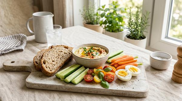 Brotzeit mit Hummus, Brot, Gurke, Tomaten, Möhren und gekochten Eiern als günstiges Sommergericht.