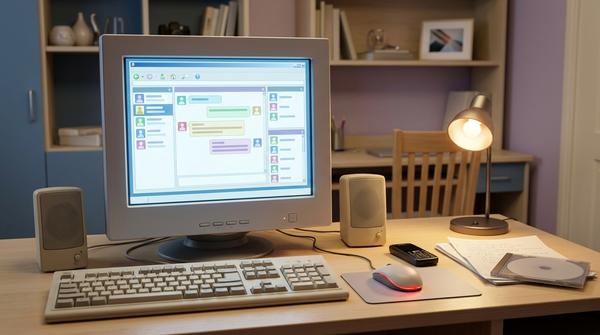 Gemütlicher Computerplatz der 2000er-Jahre mit Röhrenmonitor, Messenger-Fenstern, Webcam und einfachem Handy.