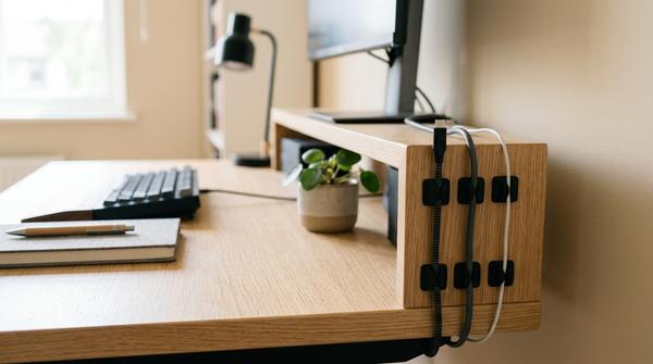 Nahaufnahme moderner Kabelclips an der Tischkante eines stilvollen Homeoffice-Schreibtischs.