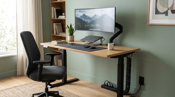 Moderner höhenverstellbarer Schreibtisch mit geordnet geführter Kabelkette im Homeoffice.