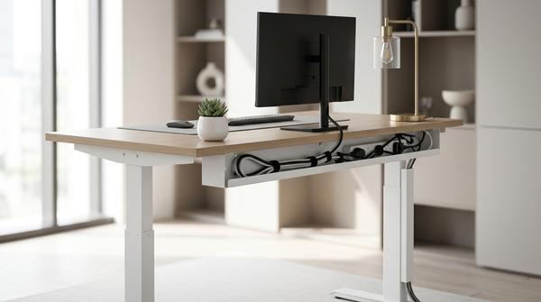 Moderner höhenverstellbarer Schreibtisch mit sauber versteckten Kabeln, hinterer Kabelwanne und ordentlich gebündelter Kabelführung.