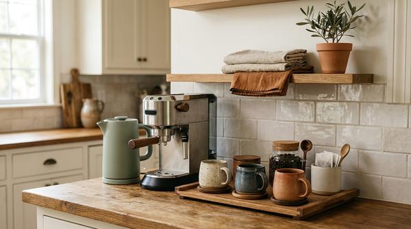 Gemütliche kleine Kaffee- oder Tee-Ecke mit Tassen, Getränkezubehör und ruhiger Anordnung.