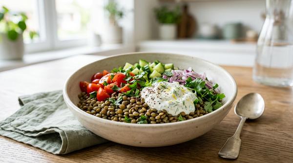 Kalte Linsen-Bowl mit Tomate, Gurke und Joghurt-Dip als günstiges Sommergericht.