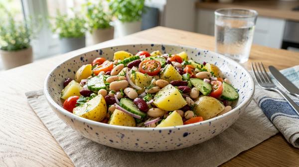 Kalter Kartoffel-Bohnen-Salat mit Gurke oder Tomate und Kräutern als günstiges Sommergericht.