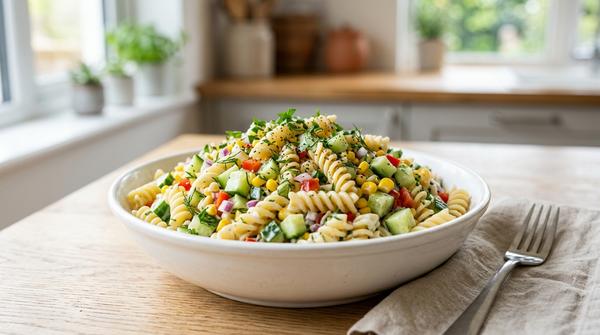 Kalter Nudelsalat mit Joghurt-Dressing, Mais und Gurke als günstiges Sommergericht.