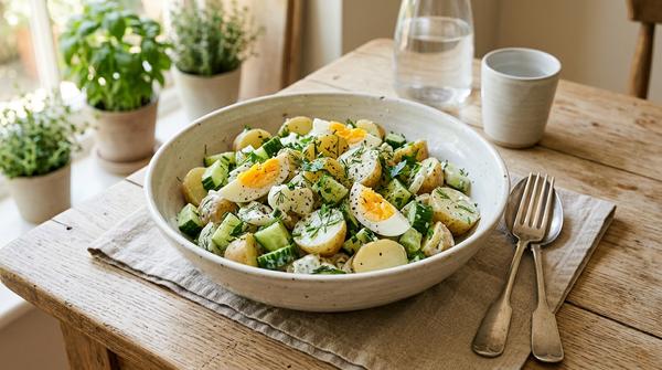 Kartoffel-Gurken-Salat mit gekochten Eiern und Kräutern als günstiges Sommergericht.
