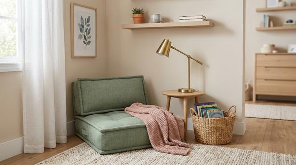 Gemütliche kleine Kinder-Leseecke für ein Schulkind mit Sitzplatz, Büchern und ruhiger moderner Gestaltung.