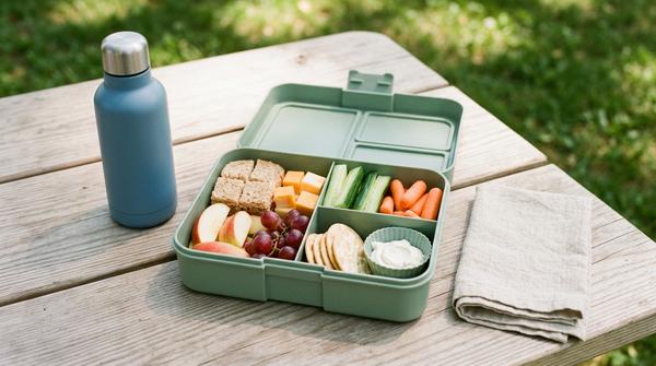 Kinderfreundliche Picknickbox mit Brotstücken, Käsewürfeln, Gurkensticks, Apfelspalten, Trauben, Crackern und mildem Dip.
