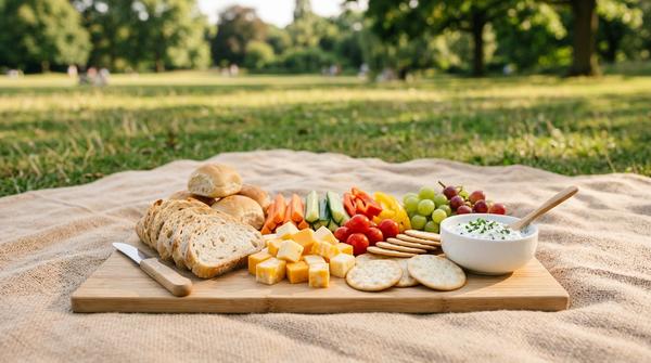 Einfache Picknickplatte mit Brot, Käsewürfeln, Gurkensticks, Paprika, Tomaten, Obst, Crackern und Dip.
