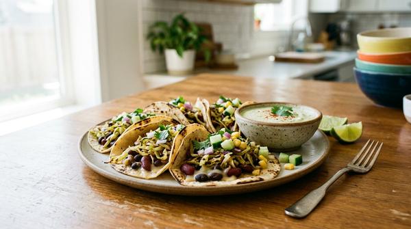Gefüllte Tacos mit angebratenem Kohl, Bohnen oder Käse und Dip als günstige Kohlidee.