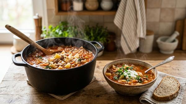 Herzhafte Kohlrouladen-Suppe mit Weißkohl, Hackfleisch und Reis in einem Suppentopf.