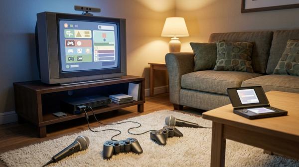 Wohnzimmer mit generischer Spielkonsole, kabelgebundenen Controllern, Mikrofonen und aufklappbarem Handheld der 2000er-Jahre.