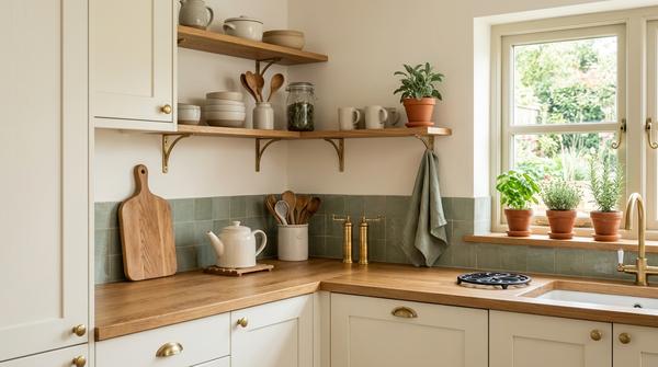 Küchenecke mit ruhigen Farben, Holzdetails und stimmigen Materialien für ein harmonisches Gesamtbild.