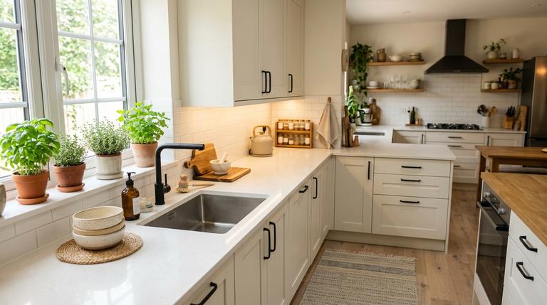 Helle gemütliche Küche mit kleinen günstigen Veränderungen wie warmem Licht, Holzdetails, Kräutern und ruhiger Arbeitsfläche.