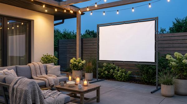 Straff gespannte weiße Leinwand auf einer modernen Terrasse für eine gemütliche Movie Night im Freien.