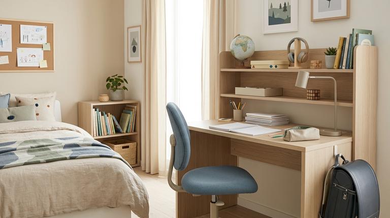 Modernes und gemütliches Kinderzimmer eines Schulkindes mit kleinem Schreibtisch, Stauraum und organisiertem Lernplatz.