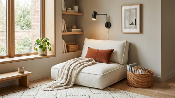 Kleine gemütliche Leseecke mit großem Bodenkissen oder festem Sitzsack, Decke und Büchern.