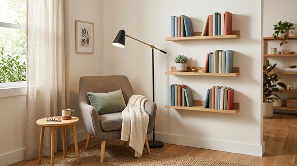 Kleine Leseecke mit schmalen Wandregalen oder Bilderleisten und sichtbaren Büchern.