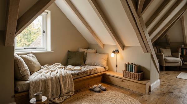 Gemütliche Leseecke unter einer Dachschräge mit niedriger Sitzlösung, Kissen und Lampe.