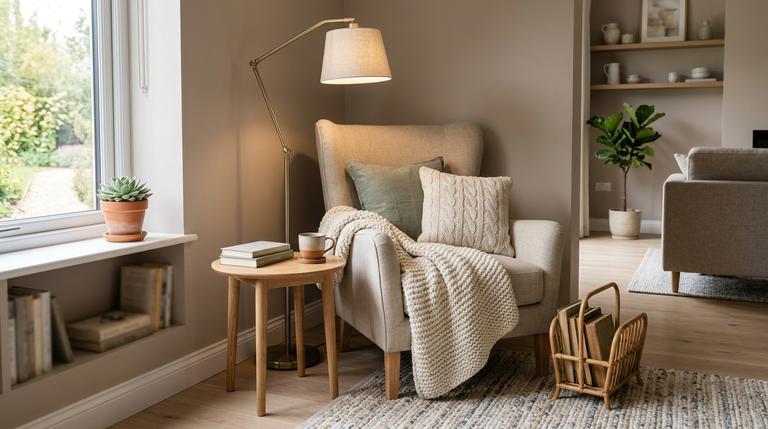 Gemütliche kleine Leseecke mit Sessel, Lampe, Kissen und Bücherablage in einem modern eingerichteten Wohnraum.