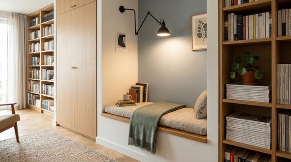 Kleine gemütliche Leseecke in einer Nische zwischen Schrank und Wand mit Sitzmöbel und Lampe.