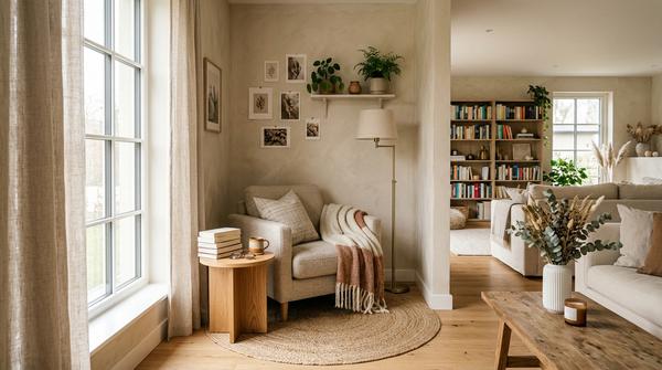 Abgegrenzte kleine Leseecke im Wohnzimmer mit Sessel, Teppich, Lampe und kleiner Ablage.