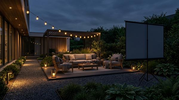 Modernes Sommerkino mit warmer Lichterkette und dezenten Laternen hinter den Sitzplätzen.