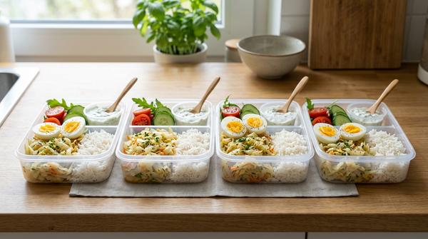 Meal-Prep-Box mit Kohl, Reis, Ei, Gemüse und Dip als günstige Vorbereitung für mehrere Mahlzeiten.