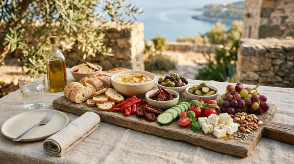 Mediterrane Picknickplatte mit Brot, Hummus, Oliven, getrockneten Tomaten, Gurke, Tomaten, Käse und Crackern.