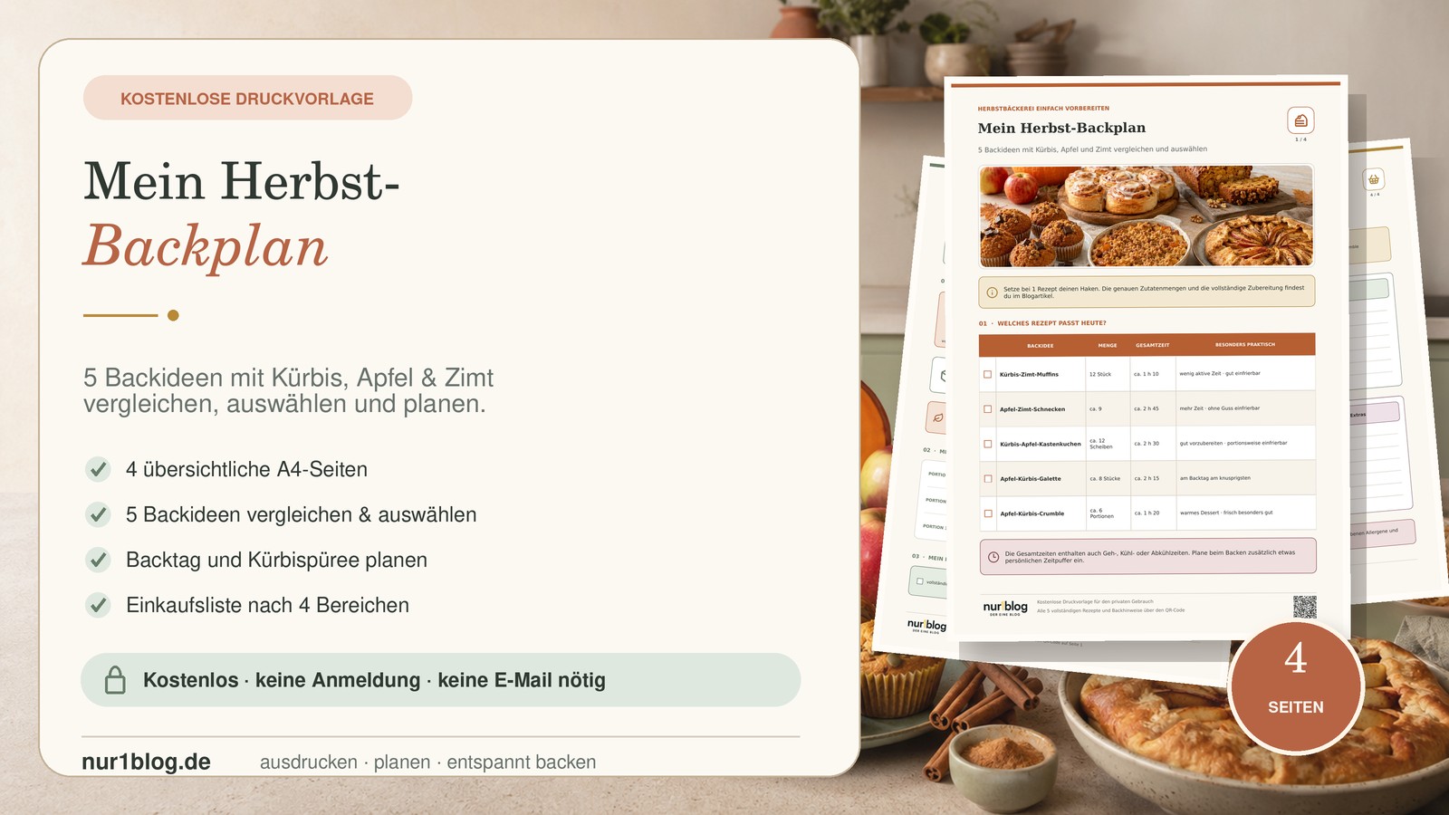 Vorschaubild der kostenlosen 4-seitigen Herbst-Backplan-Druckvorlage mit Kürbis, Apfel und Zimt