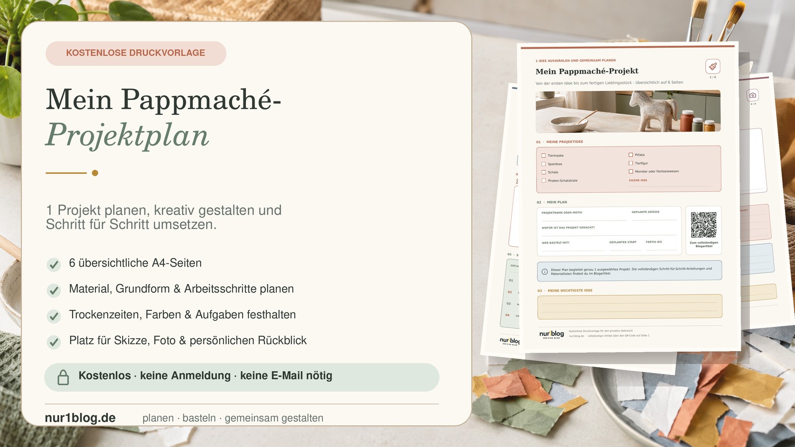Vorschaubild der kostenlosen 6-seitigen Pappmaché-Projektplan-Druckvorlage