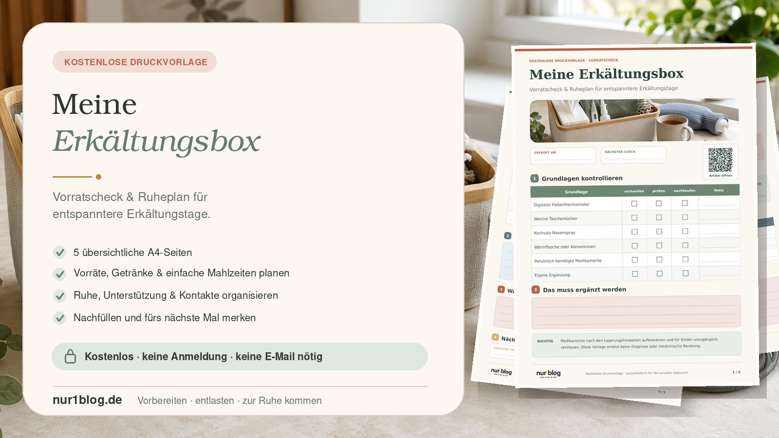 Vorschau der kostenlosen 5-seitigen Druckvorlage Meine Erkältungsbox mit Vorratscheck und Ruheplan