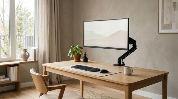 Moderner Monitorarm mit sauber geführten Kabeln an einem ruhigen Homeoffice-Arbeitsplatz.