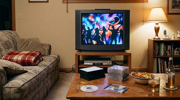 Gemütliches Wohnzimmer der 2000er-Jahre mit Fernseher, DVD-Player, CDs, Fernbedienung und selbst gebrannter Musik-CD.