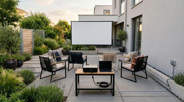 Moderner Gartenbereich mit freier Sicht auf eine helle Projektionsfläche und geplanter Sitzanordnung für ein Sommerkino.