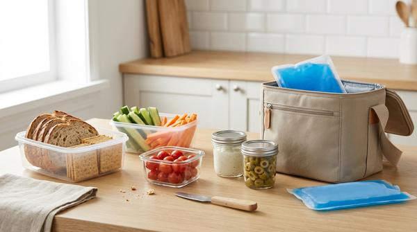 Getrennt verpackte Picknick-Zutaten mit Crackern, Brot, Dip, Gemüse, Schraubgläsern, Kühlakkus und Kühltasche.