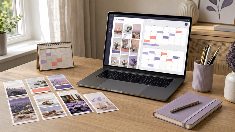 Laptop mit PinPlaner, Pinterest-Pin-Entwürfen und Kalender für die 90-Tage-Planung