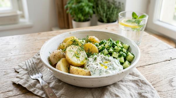 Bowl mit Kartoffeln, Kräuterquark, Gurke und frischen Kräutern als günstiges Sommergericht.