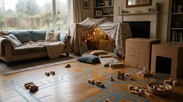 Indoor-Spielideen für Kinder an einem Regentag mit Kissenparcours, Kartons, Decken und Bastelmaterial ohne Tablet.