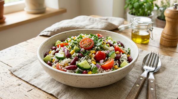 Reissalat mit Bohnen, Gurke, Tomate und Kräutern als günstiges Sommergericht.