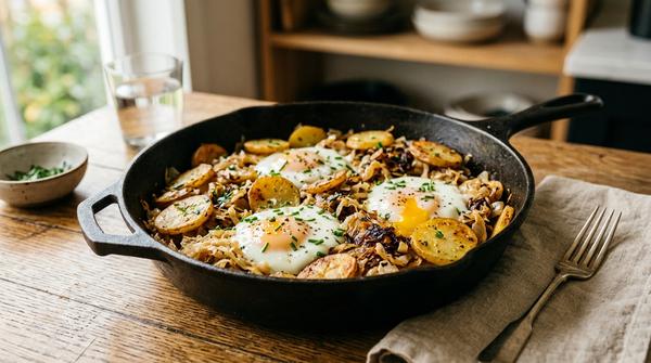 Kartoffelpfanne mit Sauerkraut und Ei als günstiges Pfannengericht für den Alltag.