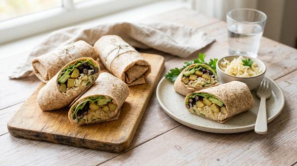 Wraps mit Sauerkraut, Kartoffeln oder Bohnen und cremigem Dip als schnelles Kohlgericht.