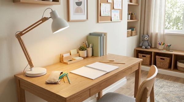 Lernplatz eines Schulkindes mit moderner Schreibtischlampe und gut ausgeleuchteter Arbeitsfläche.