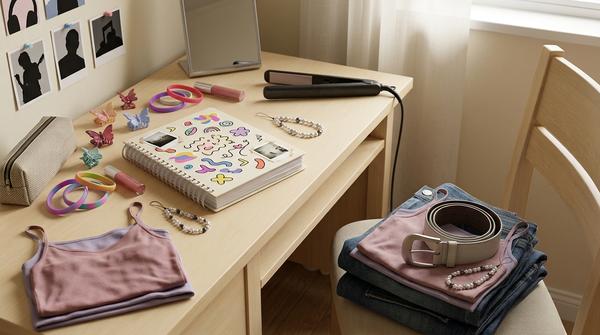 2000er-Jahre-Jugendzimmer mit Schülerkalender, Stickern, Schmetterlingsclips, Silikonarmbändern, breitem Gürtel und Jeans.