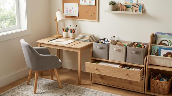 Lernplatz eines Grundschulkindes mit erreichbaren Schubladen, Heften, Stiften und Schulmaterialien.