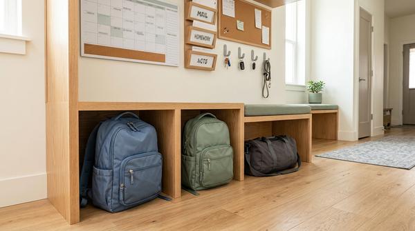 Zwei Schulranzen und eine Sporttasche in stabilen niedrigen Fächern unter einer Familien-Kommandozentrale.