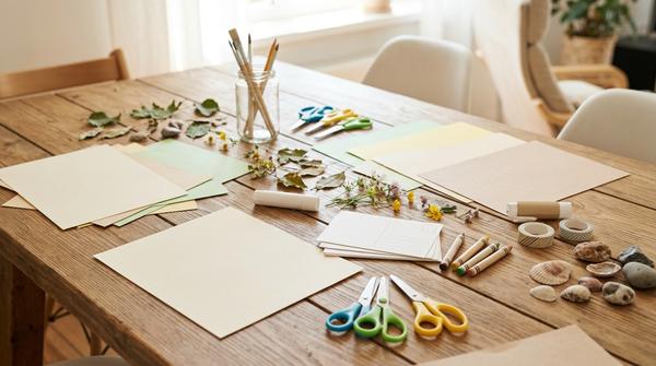 Kreativer Basteltisch für Kinder im Sommer mit Papier, Schere, Kleber, Naturmaterialien, Stiften und leeren Postkarten.