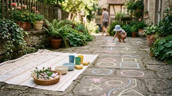 Draußen-Spielideen für Kinder im Sommer mit Kreide, Wasserbechern, Picknickdecke und kleinen Naturfundstücken.