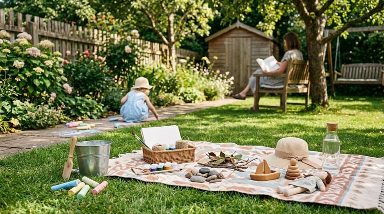 Sommerliche Familienideen ohne Tablet und Handy mit Picknickdecke, Kreide, Spielzeug, Bastelsachen und Naturmaterialien.